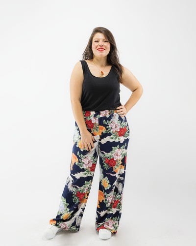 Pantalon large imprimé tropical